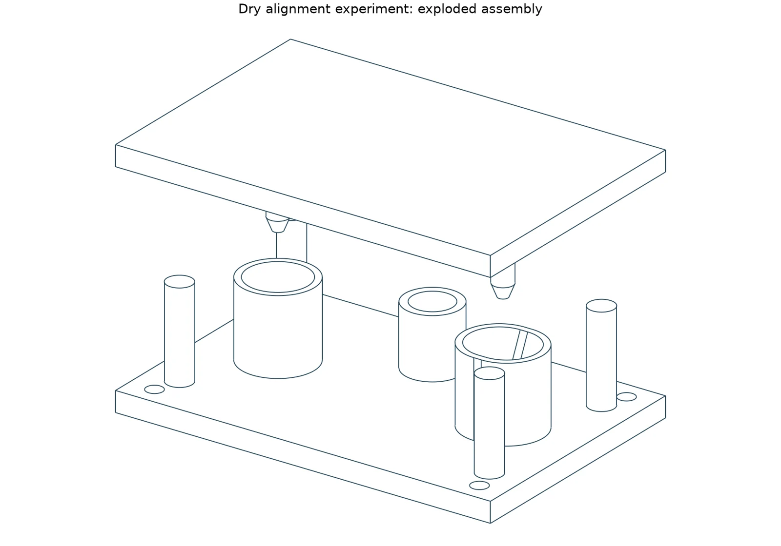 Exploded CAD render of the proposed passive alignment fixture. Not a photograph of a built device.