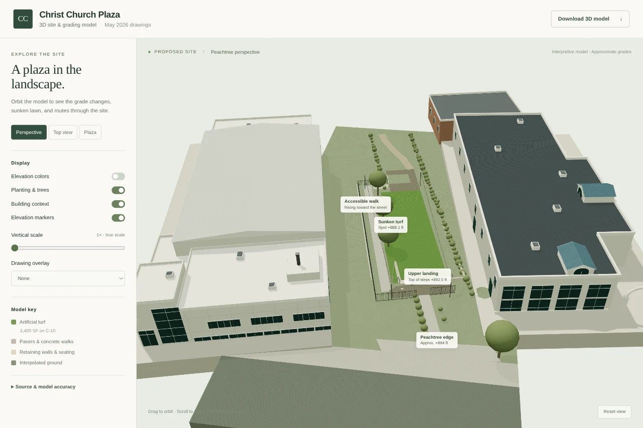 Screenshot of the local Three.js viewer with site layers and camera controls.