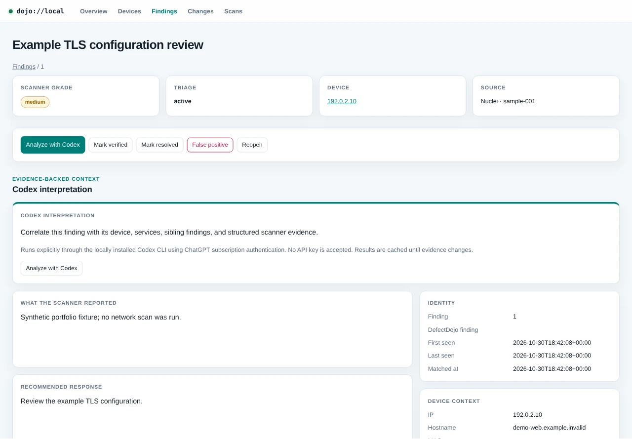 Evidence-centered findings and triage in the running dojo interface