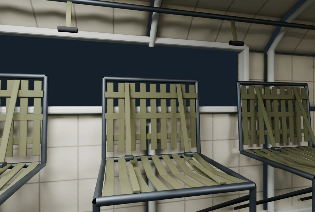 Retained production-art render of the aircraft cabin, with modeled seat webbing and interior panels