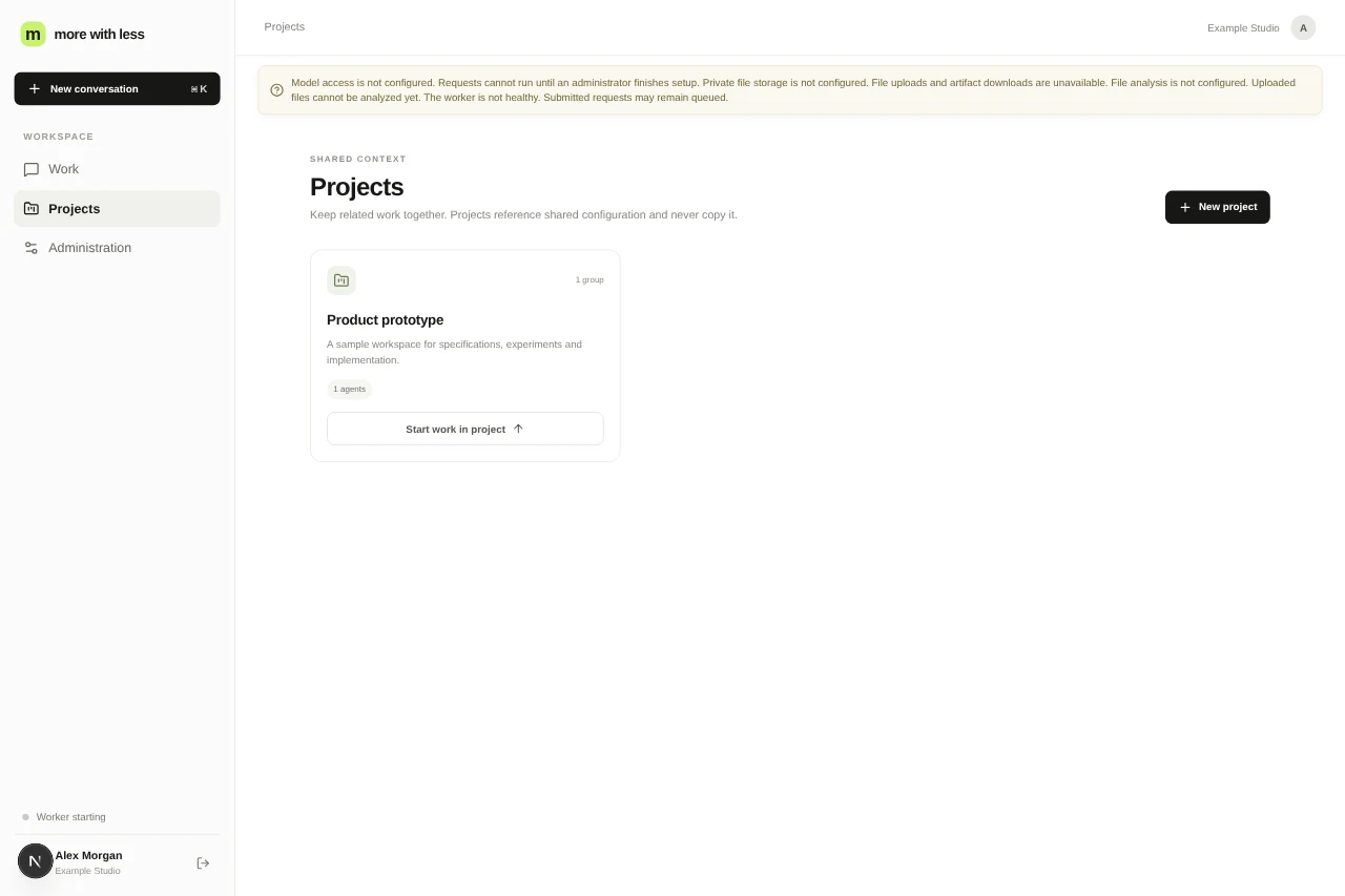 More With Less project workspace showing a sample product prototype