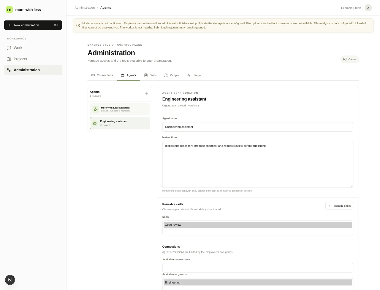 Organization agents and shared skills in the running morewithless interface