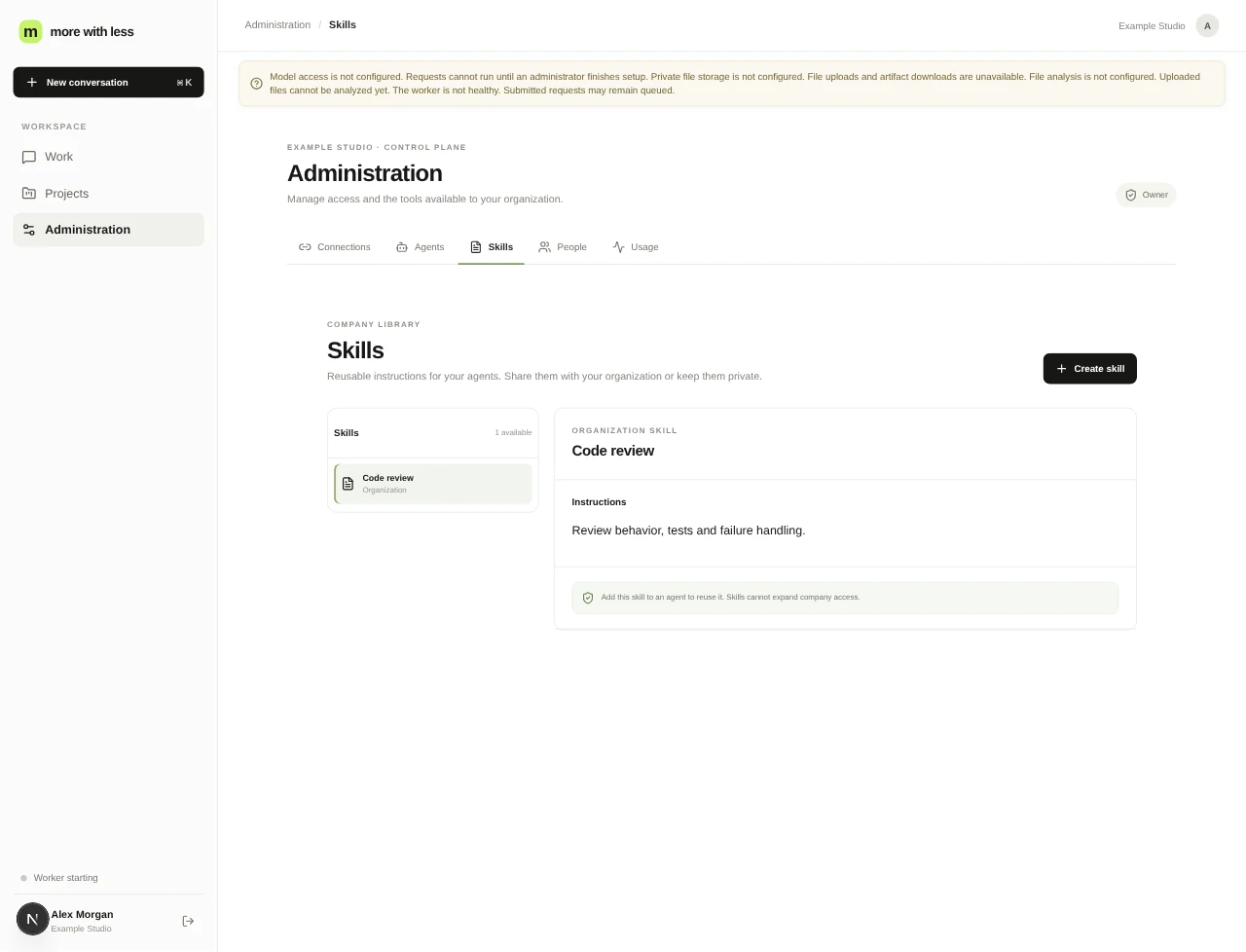 Organization agents and shared skills in the running morewithless interface