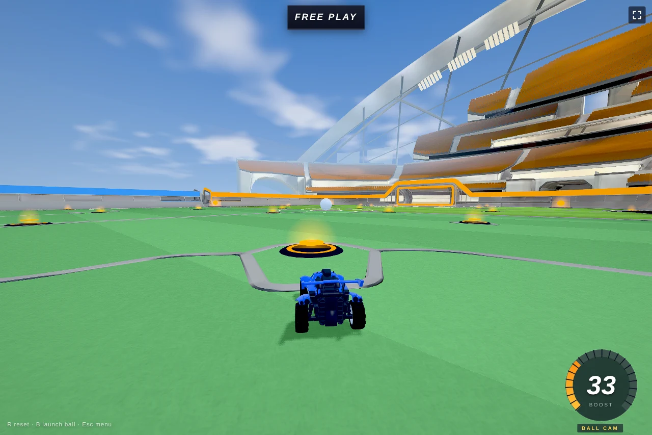 Rocket League Web running in free play, with the car, arena and boost HUD