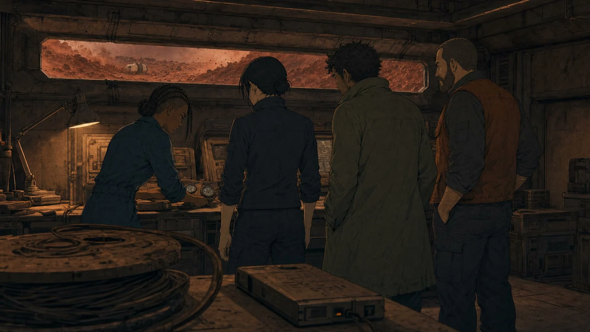Frame from episode-one v10 at 12:45: a wider ensemble composition in the workshop
