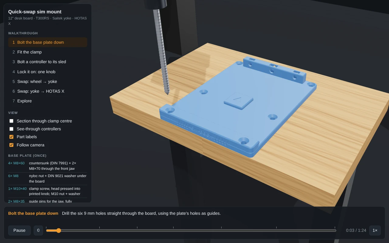 Screenshot of the running assembly explorer, showing the base-plate installation step