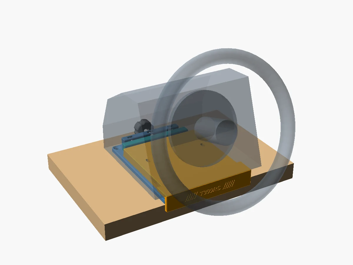 OpenSCAD assembly render showing the wheel carrier and shared mounting base.