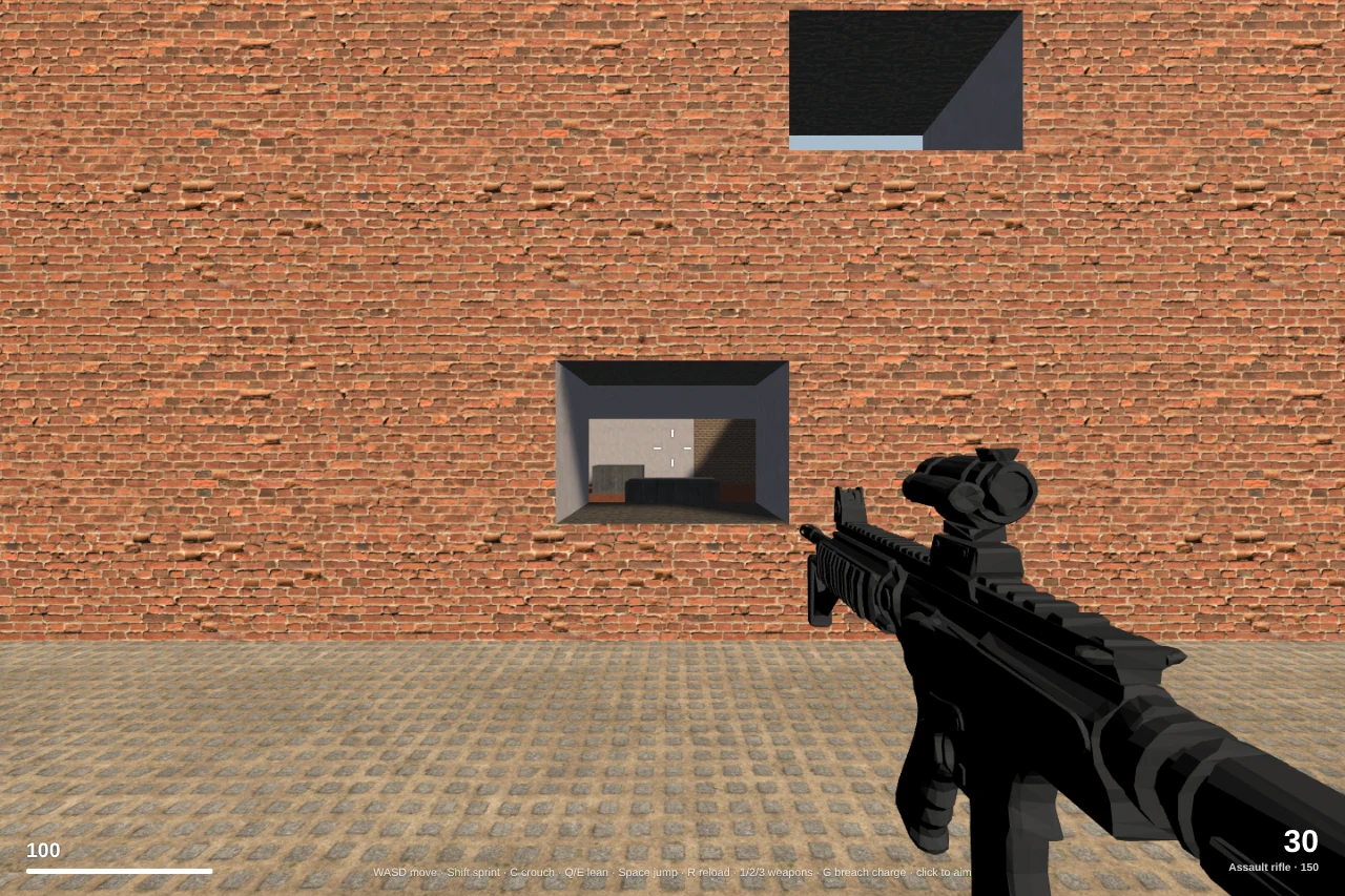 Staff Games Siege runtime showing a first-person view of a brick test building