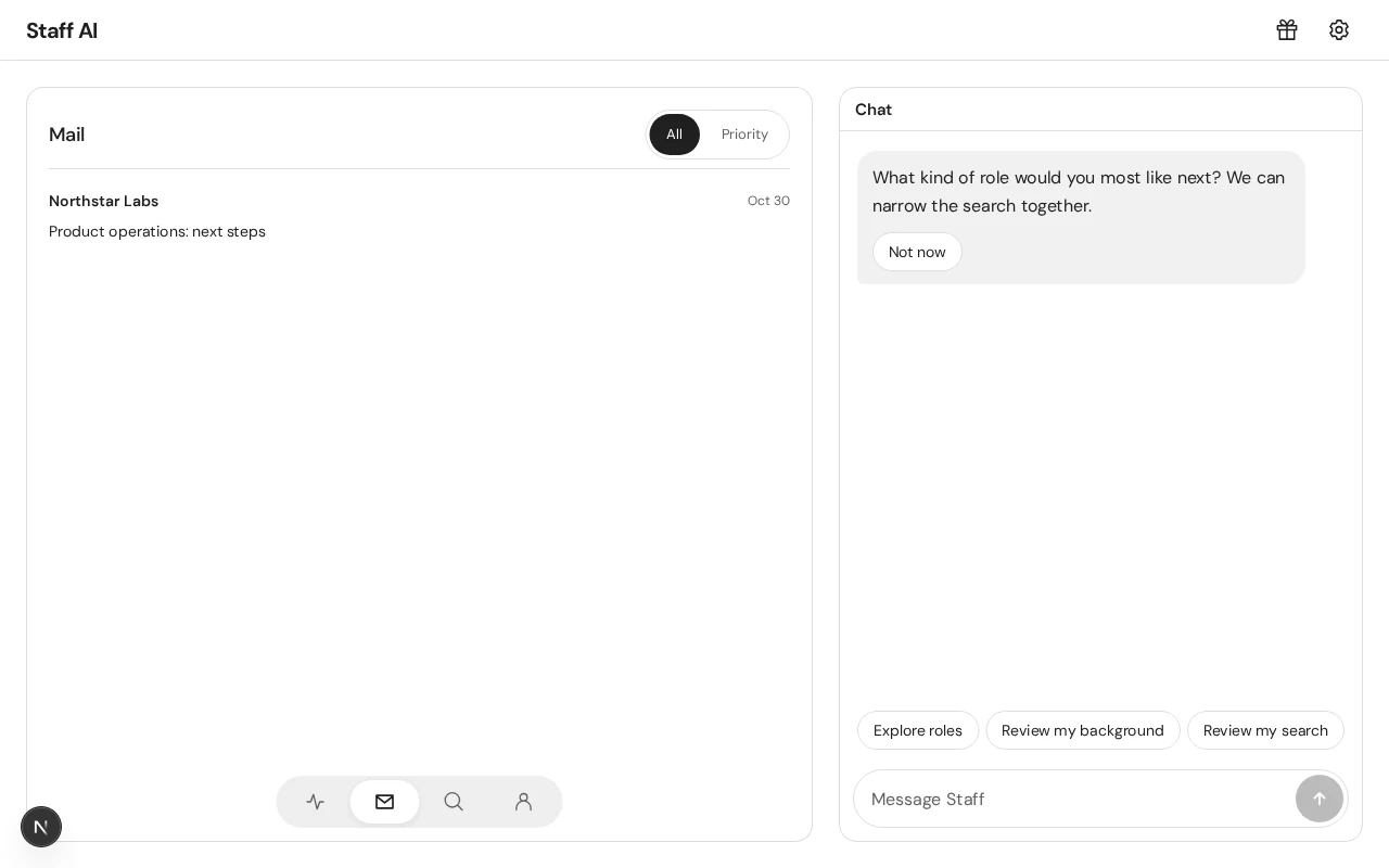 Staff chat and application questions in the running staff-jobs interface