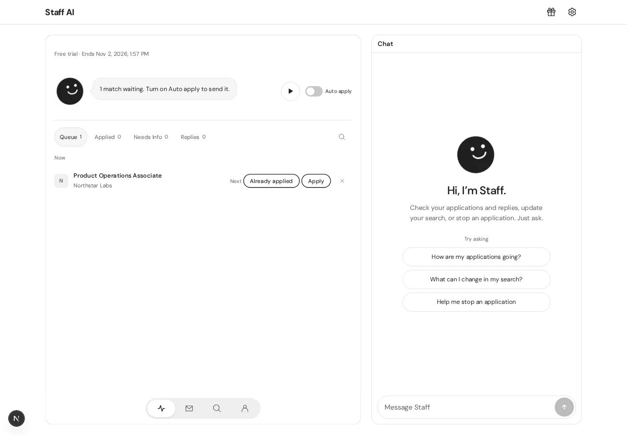Staff Jobs dashboard showing a queued sample job match and the assistant panel