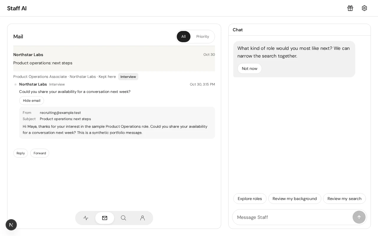 Employer inbox and reviewed replies in the running staff-jobs interface