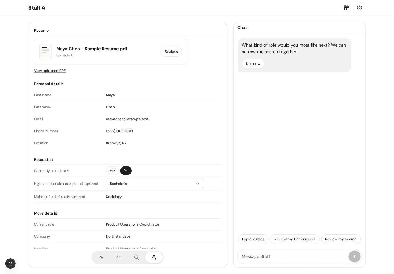 Resume intake and editable profile in the running staff-jobs interface