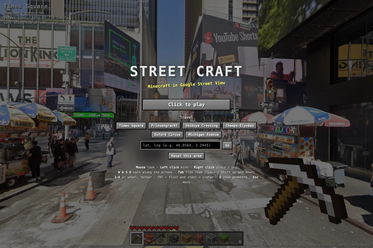 Street Craft running at Times Square with its voxel hotbar and travel menu